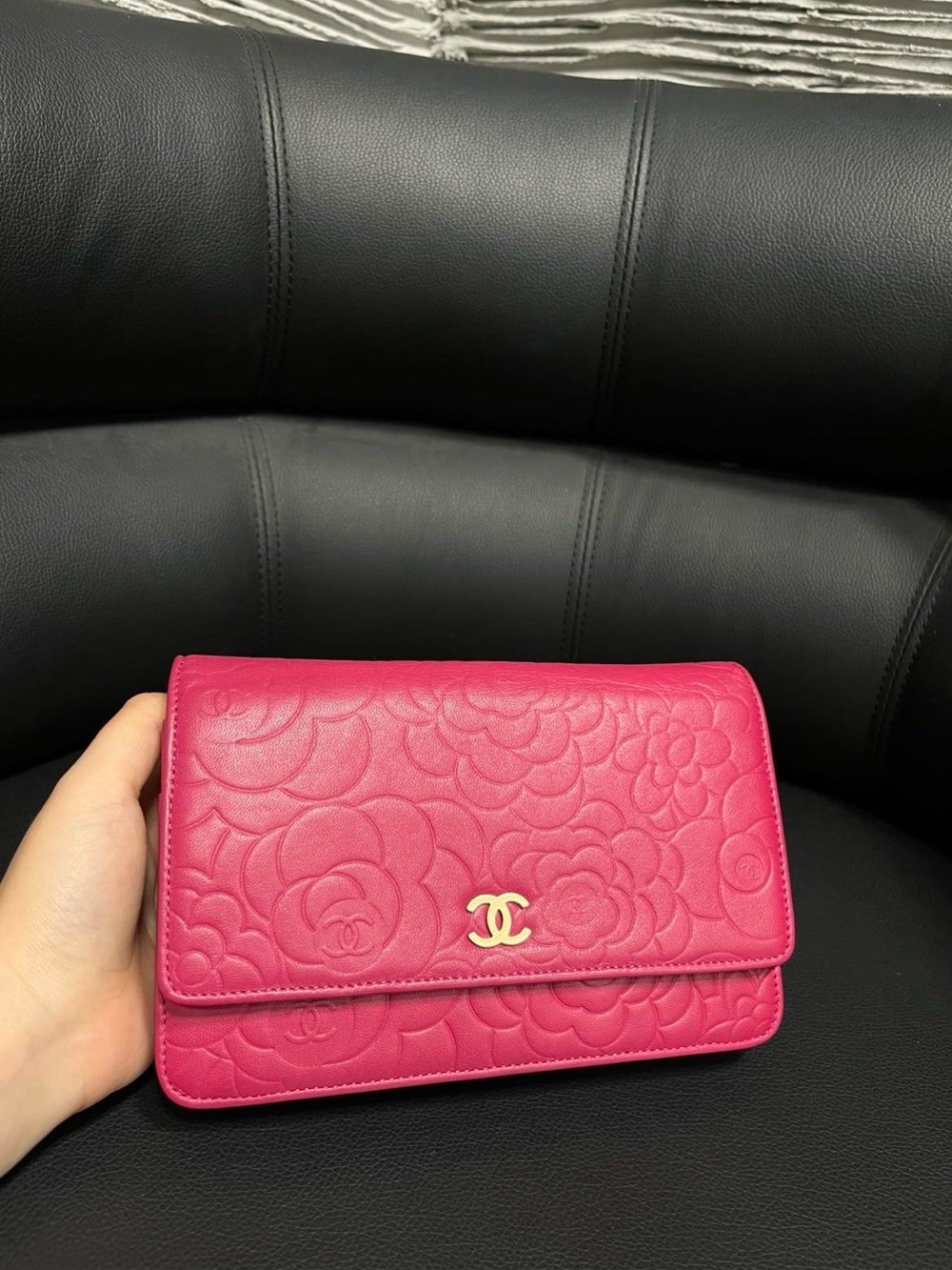 CHANEL Hot Pink Camellia-Embossed Leather Wallet with Gold CC